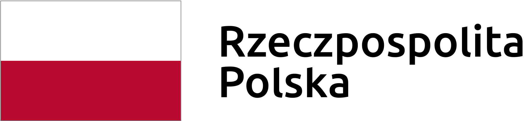Po lewej stronie graficzny znak flagi Rzeczypospolitej Polskiej. Po prawej stronie czarny napis Rzeczpospolita Polska