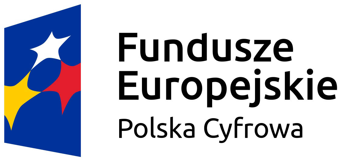 Fundusze Europejskie Polska Cyfrowa po lewej stronie znak graficzny na tle niebieskiego trapezu układ połączonych trzech gwiazd: białej, czerwonej i żółtej. Po prawej stronie czarny napis Fundusze Europejskie Polska Cyfrowa
