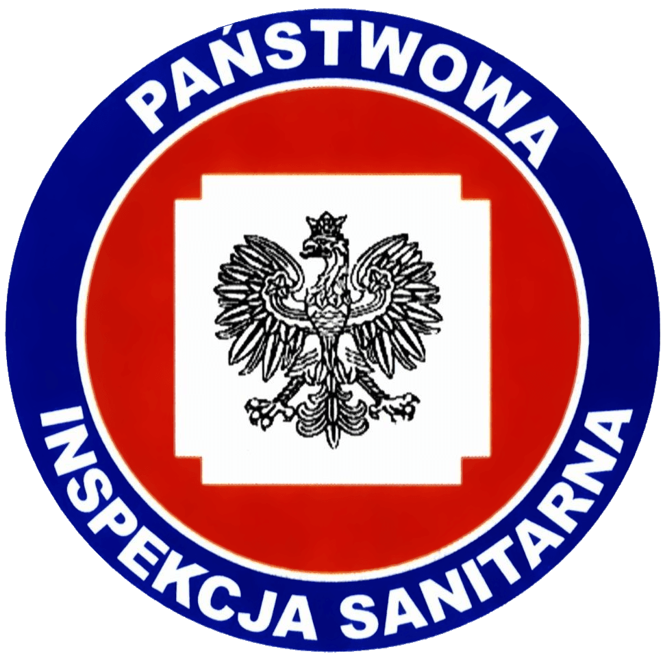 Główny Inspektorat Sanitarny logotyp czerwony okrąg z niebieską obramówką z napisem Państwowa Inspekcja Sanitarna na środku na białym tle godło Polski.